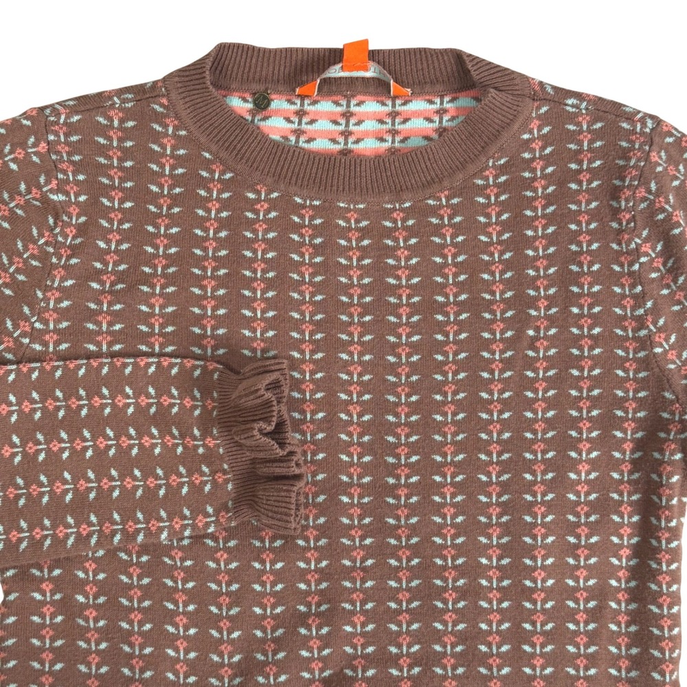 ModCloth Cocoa Brown Floral Ruffle Sleeve Sweater Crewneck Tulips Knit Women XXS